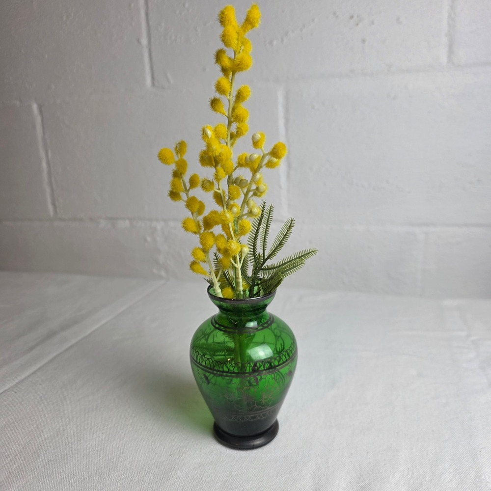 Vintage‎ Venice 1960 Emerald Green Glass Bud Vase Silver Floral Overlay